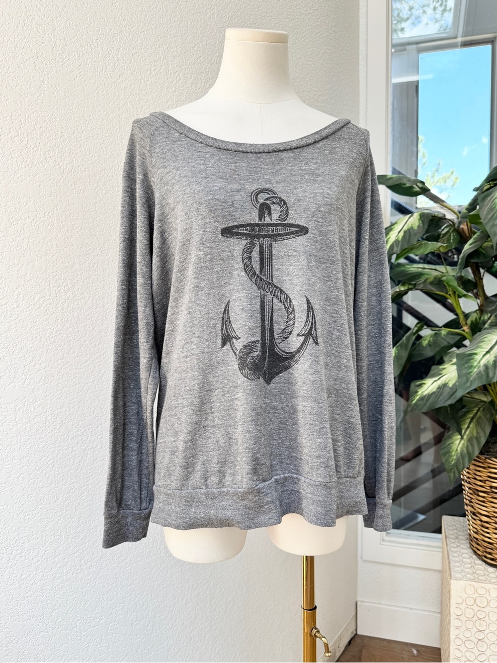Alternative Apparel Gray Coastal Nautical Rope Anchor Graphic Long Sleeve Top L
